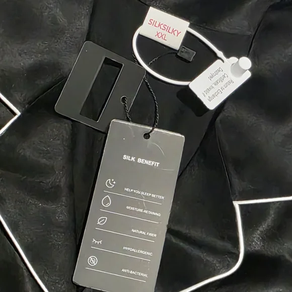 NWT Amazing Women's Black 100% Mulberry Silk  Pajama with White Piping, Size XXL - Picture 12 of 16